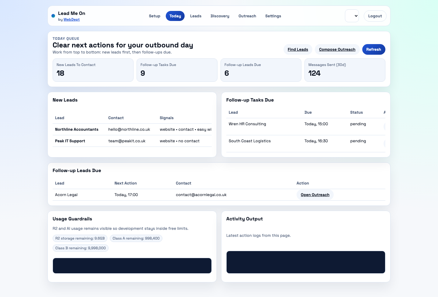 Lead Me On today dashboard screenshot
